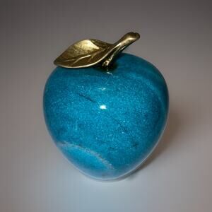 Vtg Marble Stone Green Apple Paperweight Figurine Brass Leaf 3.5”